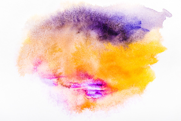 top view of pink, yellow and purple watercolor spills on white paper  - Foto, Imagem