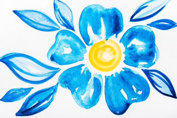 Top view of watercolor flower with blue leaves on white background  - Fotoğraf, Görsel
