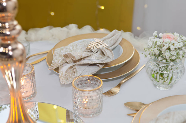 Table set for an event party or wedding reception, luxury elegant table setting dinner - 写真・画像