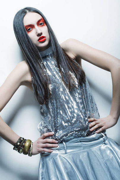 fashion model woman with red make up - Zdjęcie, obraz