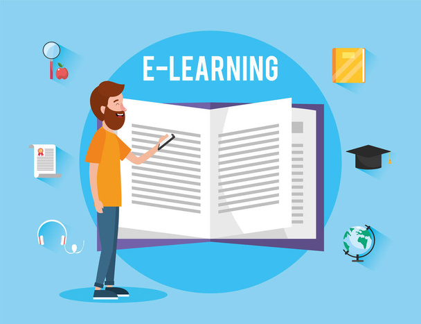 man with elearning book knowledge to study vector illustration - Vector, Image