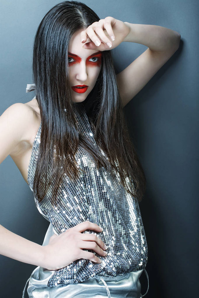fashion model woman with red make up - 写真・画像