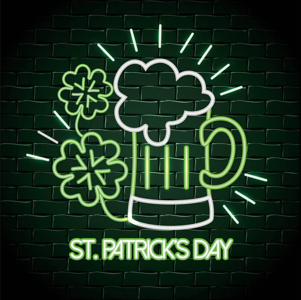 beer glass with clovers neon label to st patrick event vector illustration - Vector, imagen