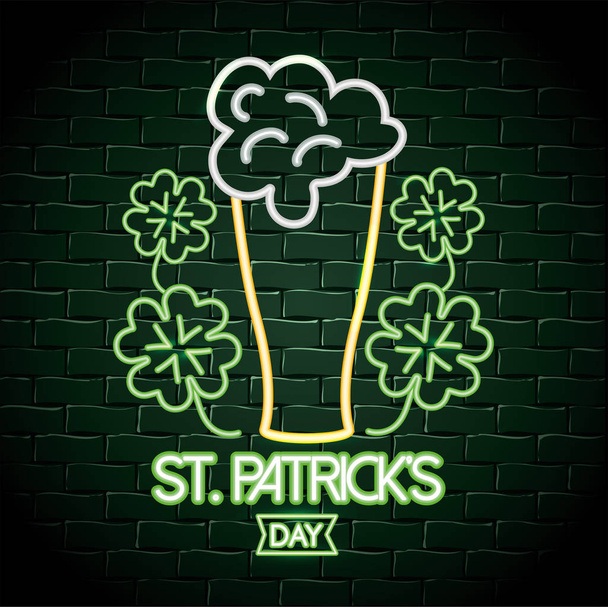 beer glass with clovers neon label to celebration vector illustration - ベクター画像