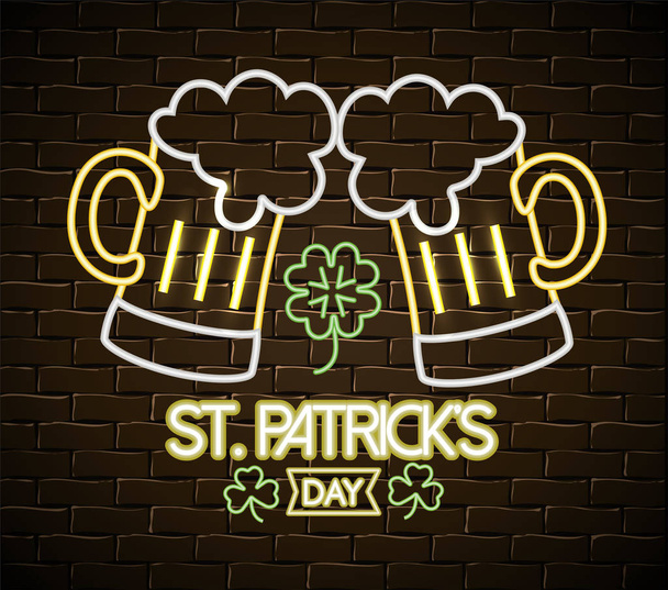 beer glass with clover neon label decoration vector illustration - ベクター画像