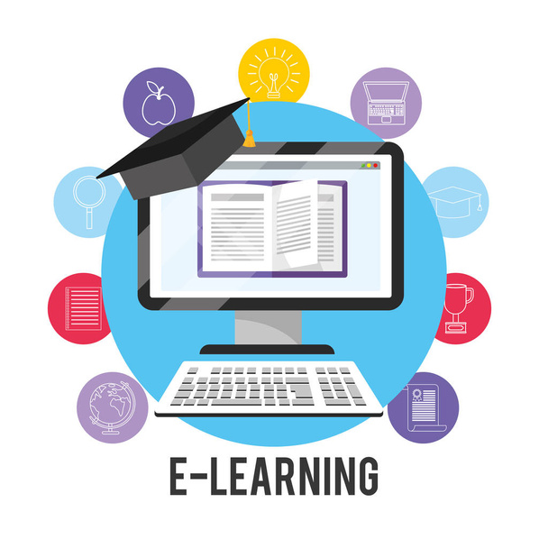 elearning computer technology and graduation cap vector illustration - Vector, Image