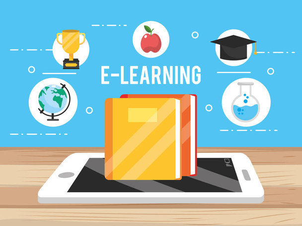 smartphone τεχνολογία με εικονογράφηση φορέα εκπαίδευσης βιβλίο και μήλο - Διάνυσμα, εικόνα