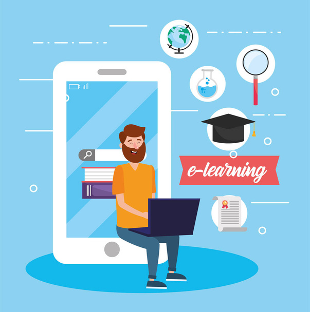 man with laptop and smartphone technology to education vector illustration - Vector, Image