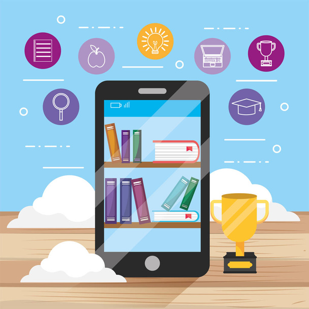 e-learning smartphone technologie met onderwijs boeken vector illustratie - Vector, afbeelding