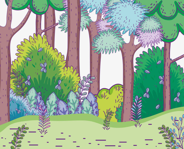кустарники с натуральными деревьями на векторной иллюстрации гор
 - Вектор,изображение