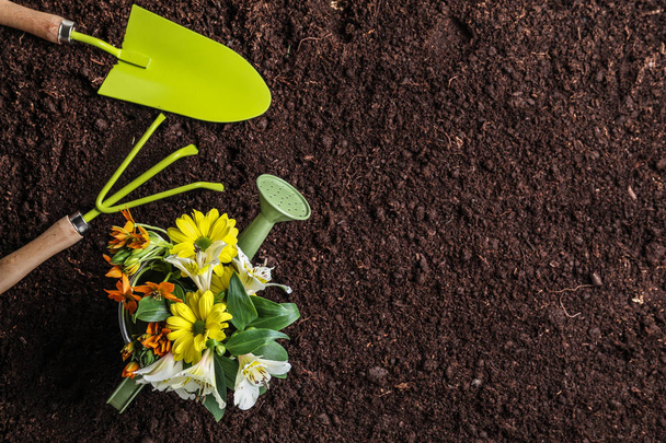 Gardening tools with flowers in watering can on soil - Fotó, kép