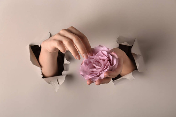 zerrissenes helles Papier und weibliche Hände mit schöner Blume - Foto, Bild