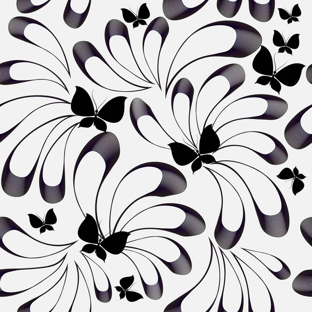 Floral black and white vector seamless pattern. Black blurred hand drawn doodle flowers and butterflies. Radial lines. Monochrome repeat backdrop. White ornamental background. Elegance isolated design - Wektor, obraz