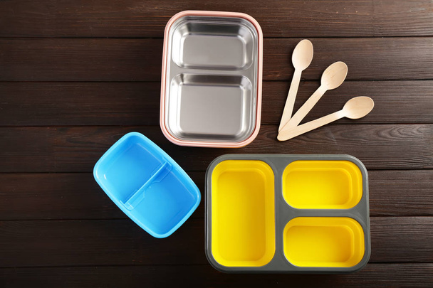 Empty school lunch boxes on wooden background - Photo, Image