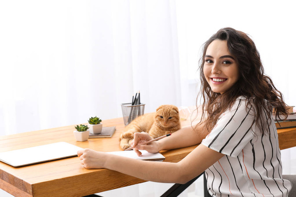 Young woman with cute funny cat working at home - Φωτογραφία, εικόνα