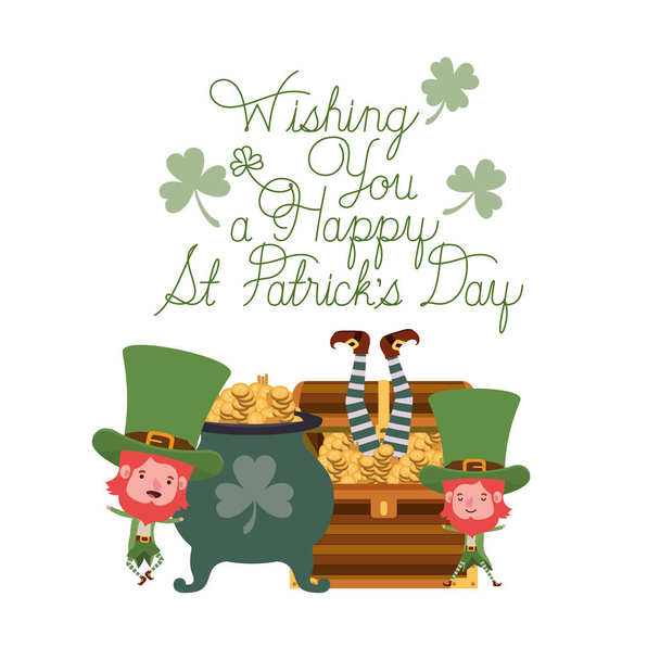 Wishing you a happy st patricks day label with leprechauns character
 - Вектор,изображение