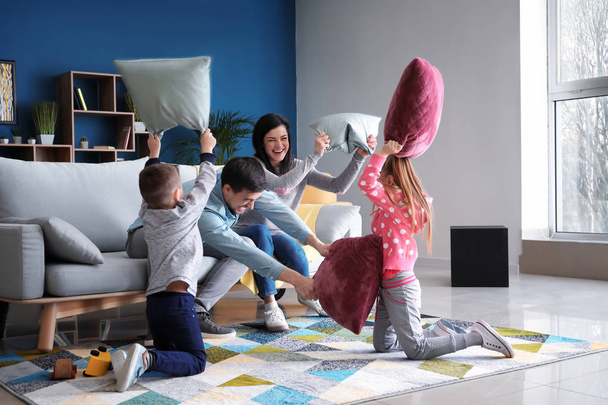 家族が自宅の枕の戦い - 写真・画像