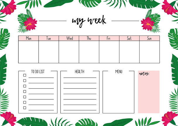 Planejador semanal de verão A4, página para notebook, diário, organizador, livro. Flores e folhas tropicais
. - Vetor, Imagem