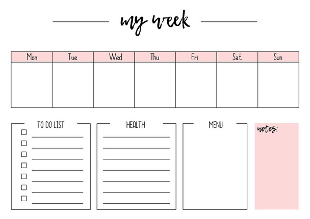 Lindo vector planificador semanal A4, página para notebook, diario, organizador, libro
.  - Vector, Imagen