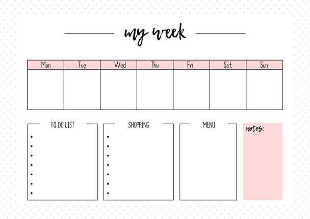 Χαριτωμένο διάνυσμα εβδομαδιαίο planner A4, σελίδα για σημειωματάριο, ημερολόγιο, διοργανωτής, βιβλίο.  - Διάνυσμα, εικόνα