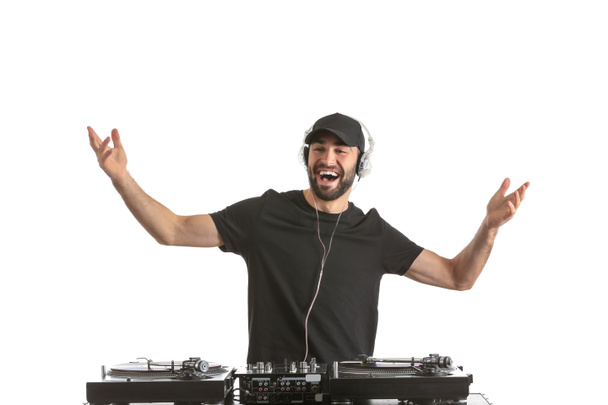 Male DJ playing music on white background - Photo, Image