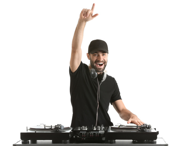 Мужчина DJ играет музыку на белом фоне
 - Фото, изображение