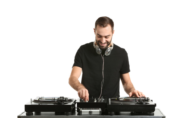 Male DJ playing music on white background - Photo, Image