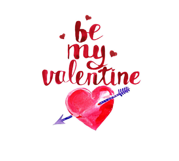 Boldog Valentin-napi üdvözlőlap. Akvarell illusztráció. Piros szívek, Ámor nyíl, kézzel írott felirat be my Valentine. - Fotó, kép