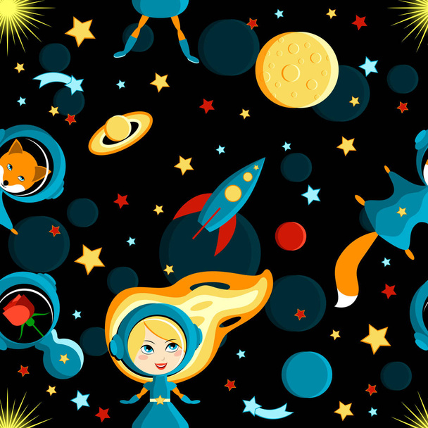 Kız, fox, uzay giysileri içinde yükseldi. Ay, Güneş, Satürn, dünya, diğer gezegenler roket yıldız kuyruklu yıldızlar alan karikatür tarzı Seamless modeli - Vektör, Görsel
