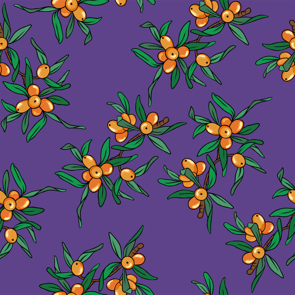 Seamless pattern with orange buckthorn branches on violet background. Hand drawn vector illustration.  - ベクター画像