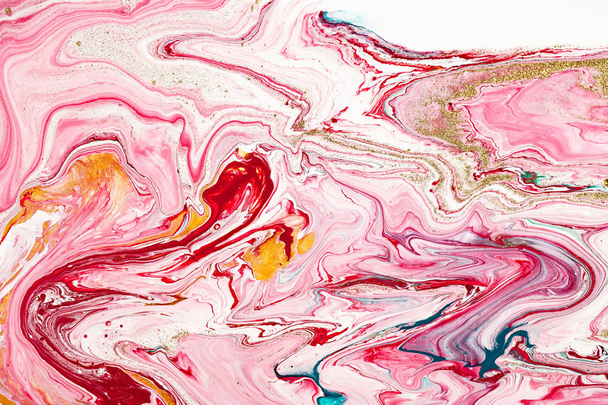 Hand painted backgrounds. Pink, white and yellow mixed acrylic paints. Liquid marble texture. Applicable for design packaging, labels, business cards, placard, covers, textile and decor interior - 写真・画像