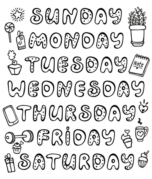 Ręcznie rysowane wektor w dni powszednie i elementy dla notebook, pamiętnik, kalendarz, terminarz, naklejki, kula dziennika i planowania. Ładny dni tygodnia zestaw na białym tle. Okrągłe czcionki. Niedziela, poniedziałek, wtorek, środa, czwartek, piątek,  - Wektor, obraz