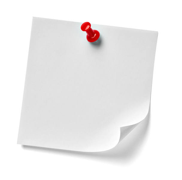zblízka poznámkového papíru s červeným připínáčkem na bílém pozadí - Fotografie, Obrázek