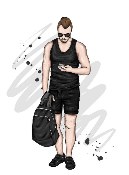A handsome guy in shorts and a T-shirt. A sporty man in summer clothes. Vector illustration for a postcard or a poster.  - Vettoriali, immagini
