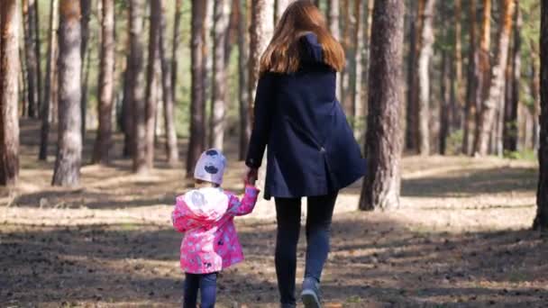 Mutlu genç anne küçük kızıyla birlikte ormanda yürüyüş - Video, Çekim