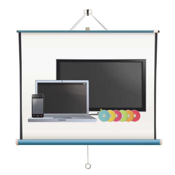 pro 006Set of TV, computer,CD and phone printed on projector screen. isolated vector design. - Vector, Image