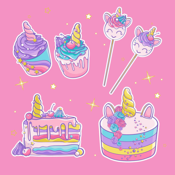 Doodle διάνυσμα σύνολο. Πολύχρωμο γλυκά. Χαριτωμένο cupcakes και κέικ. Μαγικά μονόκερος γλυκά. - Διάνυσμα, εικόνα