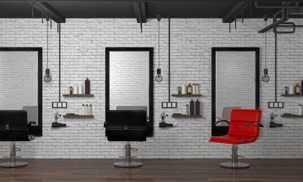 Interieur moderner Friseursalon 3D-Illustration leer Friseur mit Stühlen Schönheitssalon - Foto, Bild
