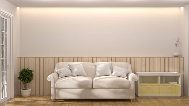 White sofa with cabinet in the room, 3d illustration furniture,modern home designs, wall mock up background interior - Illustration - Photo, Image