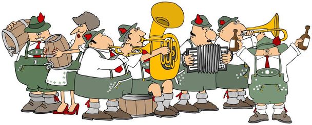 Ілюстрація баварці мають Октоберфест партії з духовий оркестр і кеги пива. - Фото, зображення