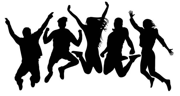 People jump vector silhouette. Jumping friends youth background. Crowd people, close to each other. Cheerful man and woman isolated - Vector, Image