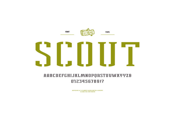 Smalle serif-lettertype stencil-plaat in militaire stijl. Letters en cijfers voor logo en label design. Geïsoleerd op witte achtergrond - Vector, afbeelding