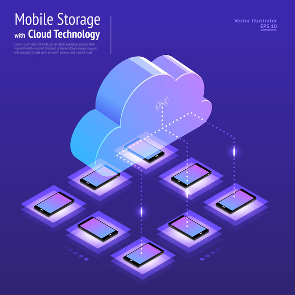 Illustrations design concept digital network with cloud technology and service data storage solution. Vector isometric illustrate. - Vector, Image