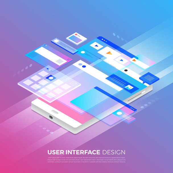 Isometric illustrations concept  user interface design UI / UX present by 3d wireframe on mobile application.Layout template website. Vector illustrate. - Vector, Image