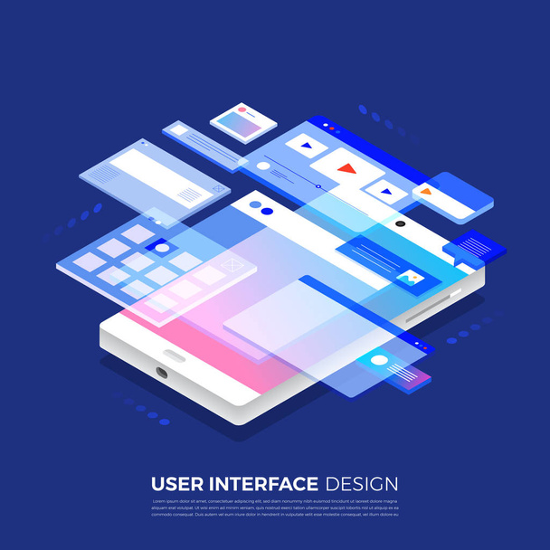 Ilustrações isométricas conceito de interface de usuário UI / UX presente por wireframe 3d em aplicação móvel.Layout template website. Vetor ilustrar
. - Vetor, Imagem