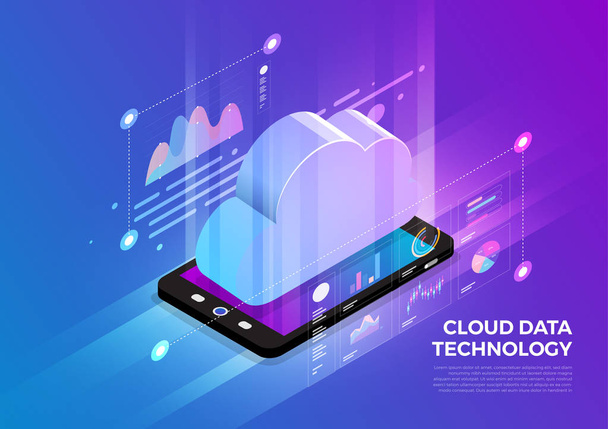 isometrische Illustrationen entwerfen Konzept mobile Technologie-Lösung auf der Oberseite mit Cloud-Service. Gradienten Hintergrund und digitales Diagramm dünne Linie. Vektor veranschaulichen. - Vektor, Bild