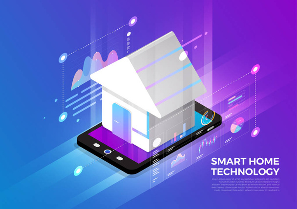 Isometric illustrations design concept mobile technology solution on top with smart home. Gradient background and digital graph chart thin line. Vector illustrate. - Vector, Image