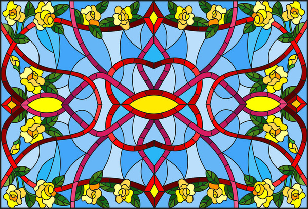 Illustration in stained glass style with abstract  swirls,flowers of yellow roses  and leaves  on a blue background,horizontal orientation - Vector, Image