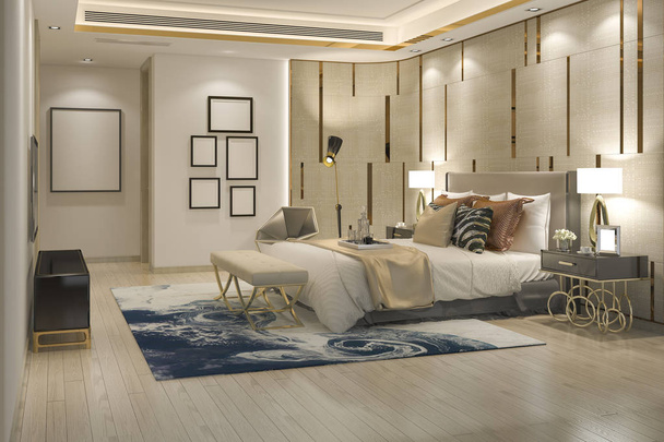 3D rendering gyönyörű luxus hálószobás lakosztály-szálloda tv-vel - Fotó, kép