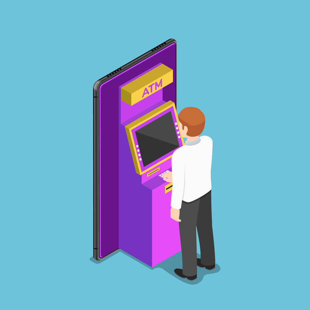 Flat 3d isometric businessman using an atm machine on smartphone. Mobile banking concept. - Vector, Image